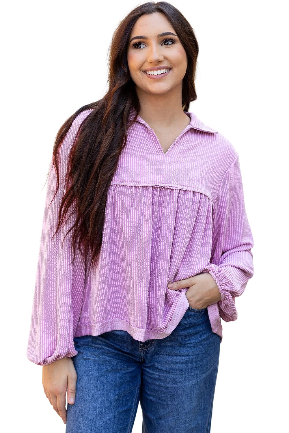 Corded V Neck Bubble Sleeve Babydoll Blouse