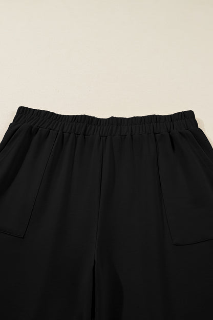 Black Plus Size Elastic Waist Asymmetrical Hem Loose Capris Pants