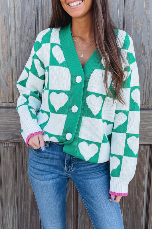 Sea Green Plaid Heart Knit V Neck Button Down Sweater Cardigan