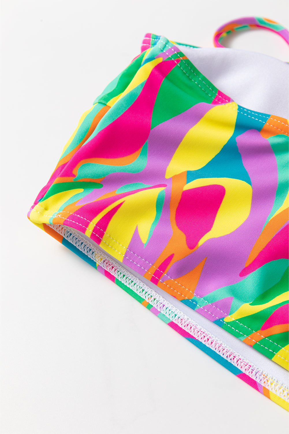 Multicolour Abstract Print Textured Spaghetti Strap High Waist Bikini Set