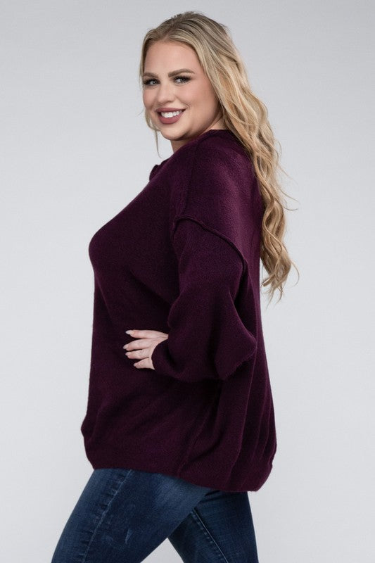 Oversized Round Neck Raw Seam Melange Sweater PLUS