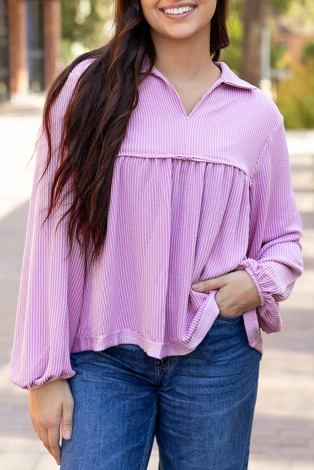Corded V Neck Bubble Sleeve Babydoll Blouse