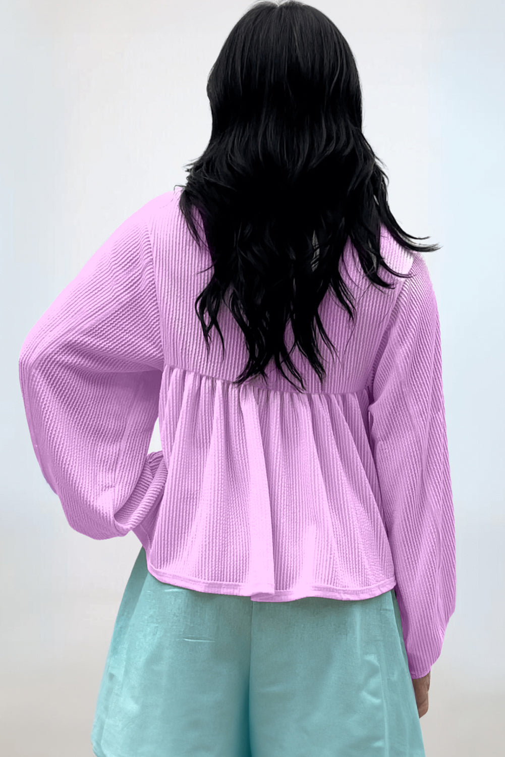 Corded V Neck Bubble Sleeve Babydoll Blouse