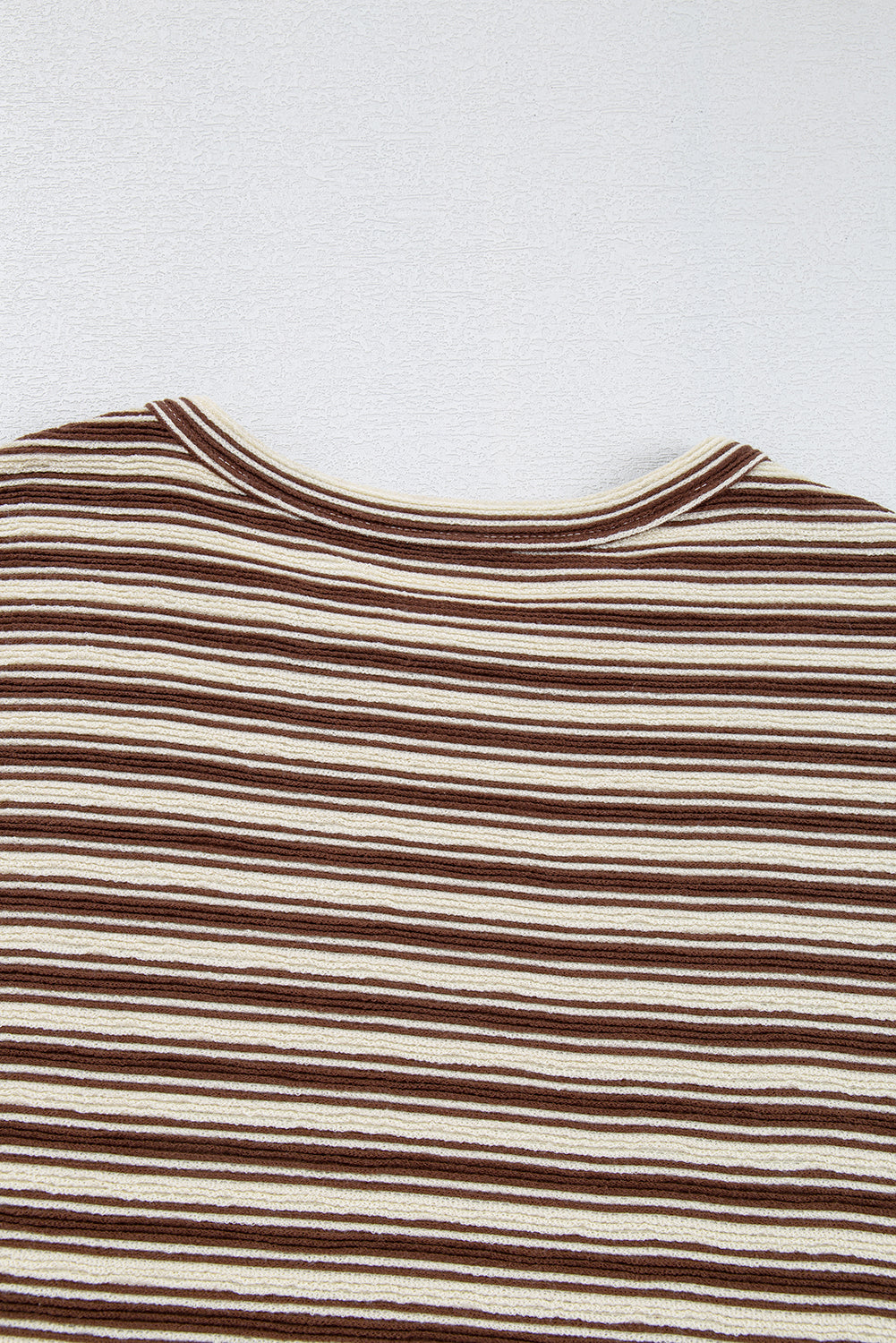 Brown Stripe Textured Side Slits Crew Neck T Shirt