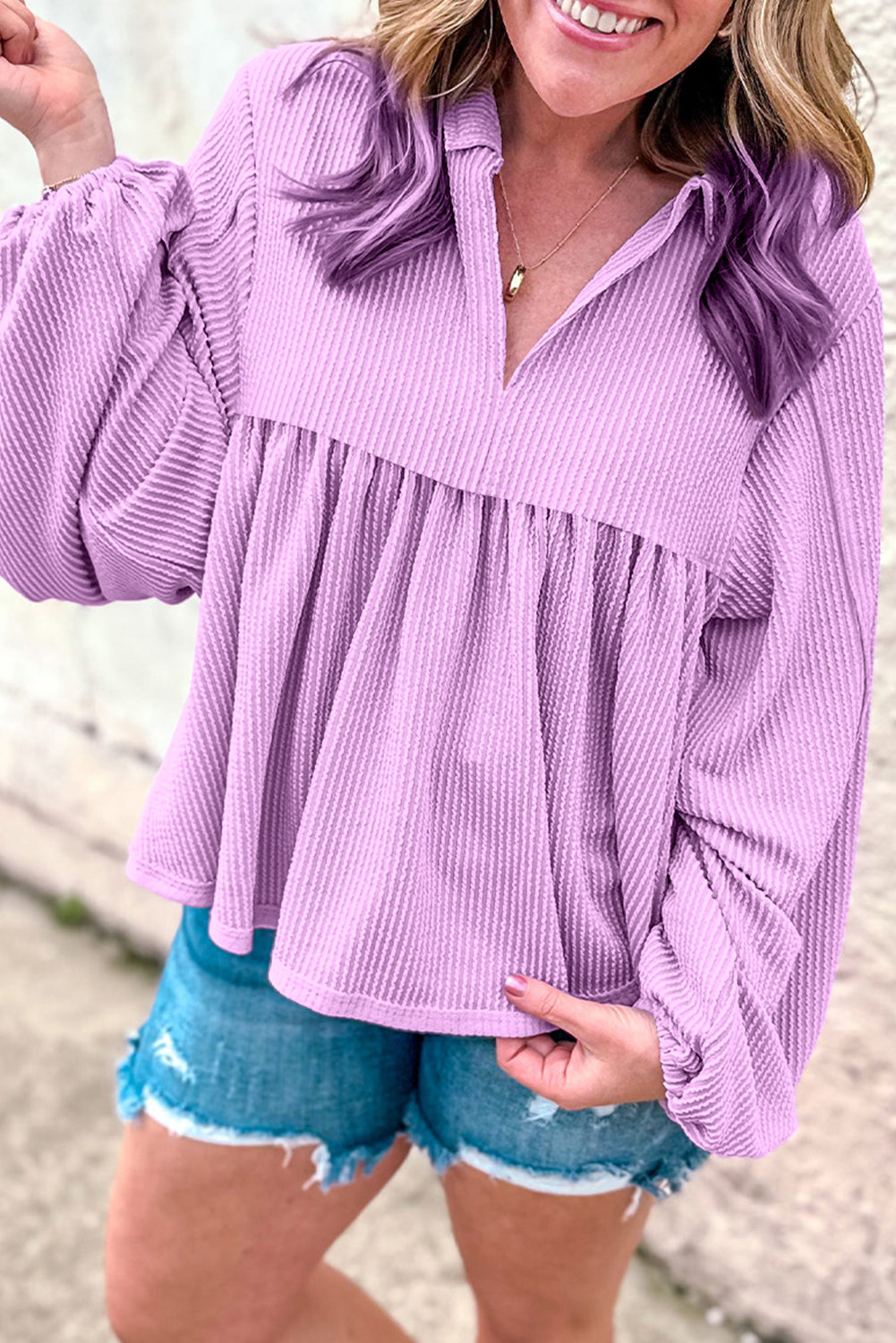 Corded V Neck Bubble Sleeve Babydoll Blouse