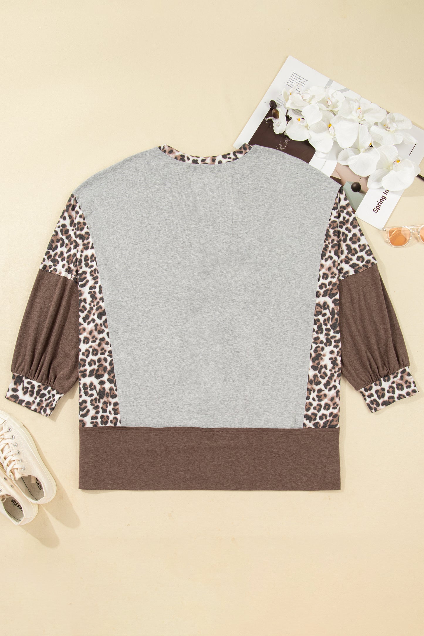 Gray Plus Size Leopard Color Block Patchwork Dolman Sweatshirt