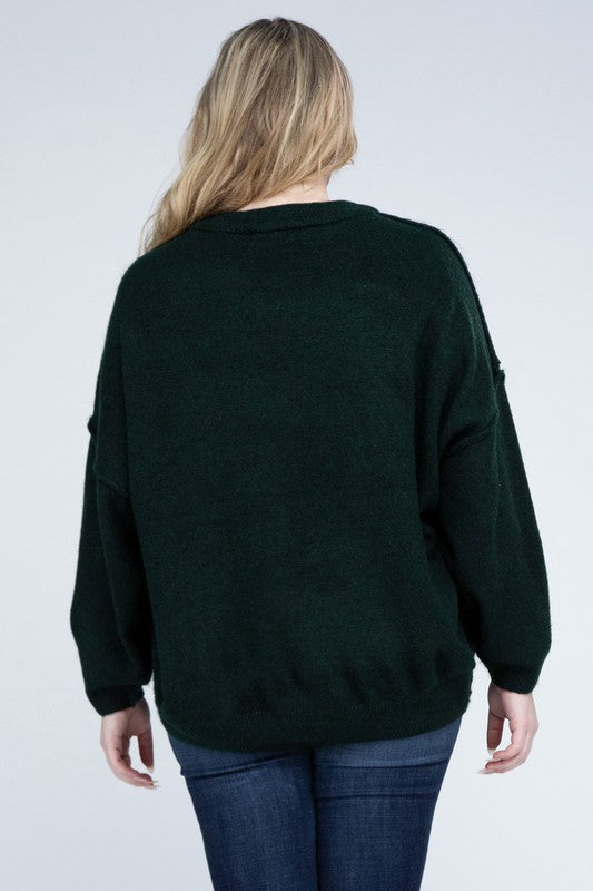 Oversized Round Neck Raw Seam Melange Sweater PLUS