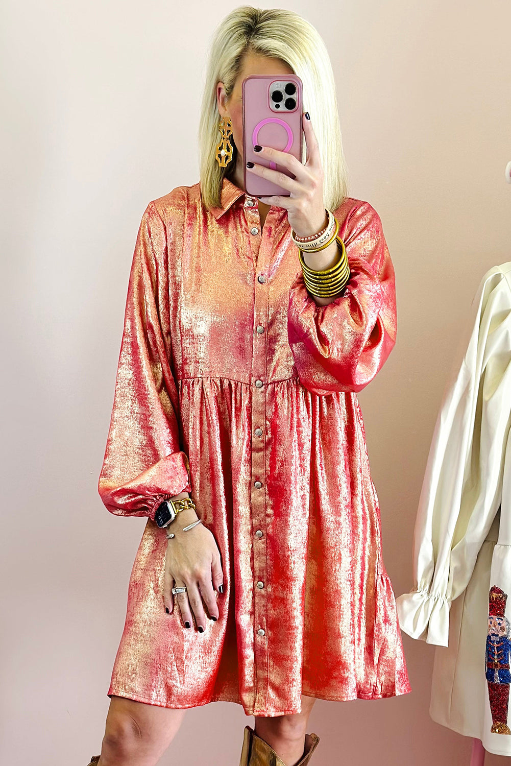 Metallic Sheen Puff Sleeve Mini Shirt Dress Peach