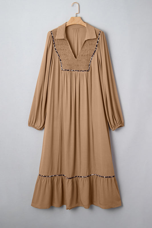 Chestnut Smocked V Neckline Leopard Piping Accent Bracelet Plus Size Long Dress