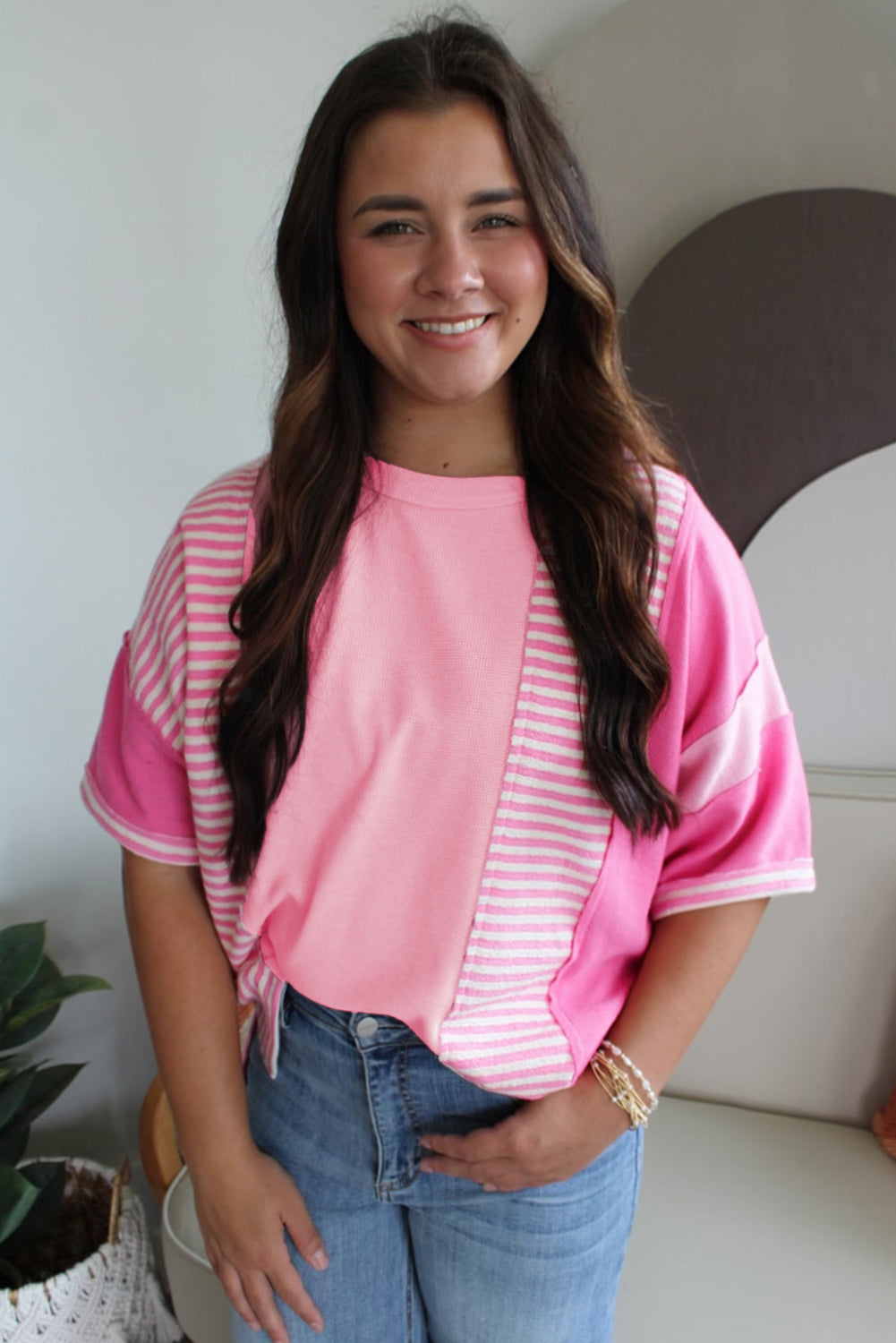 Pink Stripe Color Block Patchwork Loose Half Sleeve T Shirt