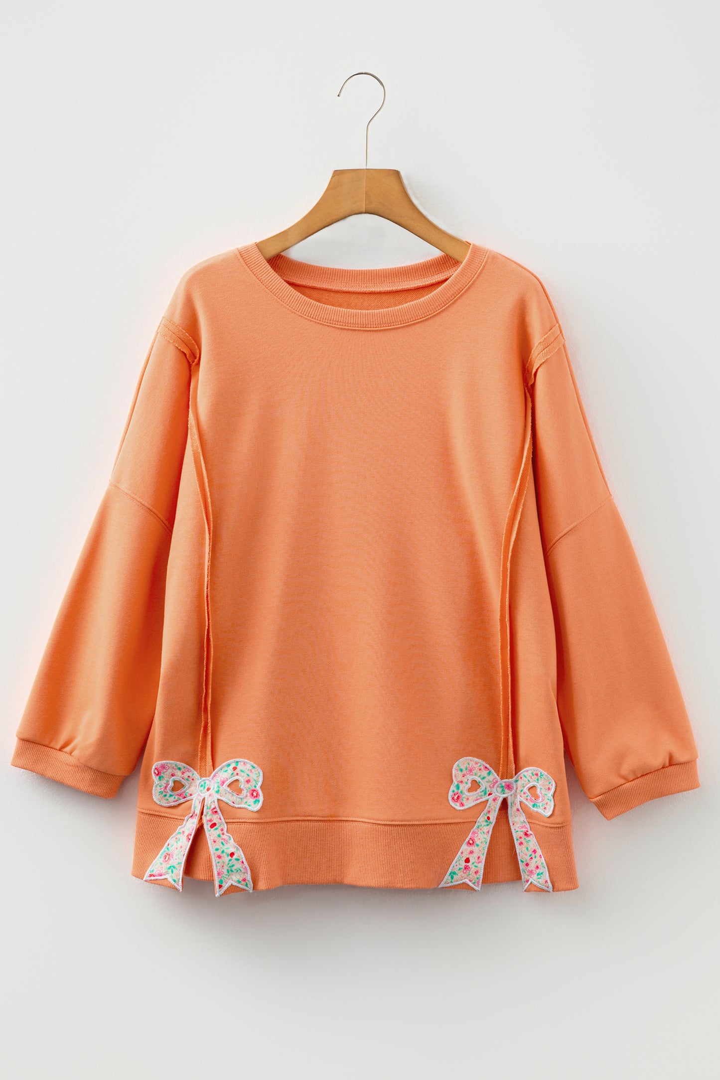 Grapefruit Orange Floral Bow Patched Exposed Seam Patchwork Slit Baggy Sweatshirt