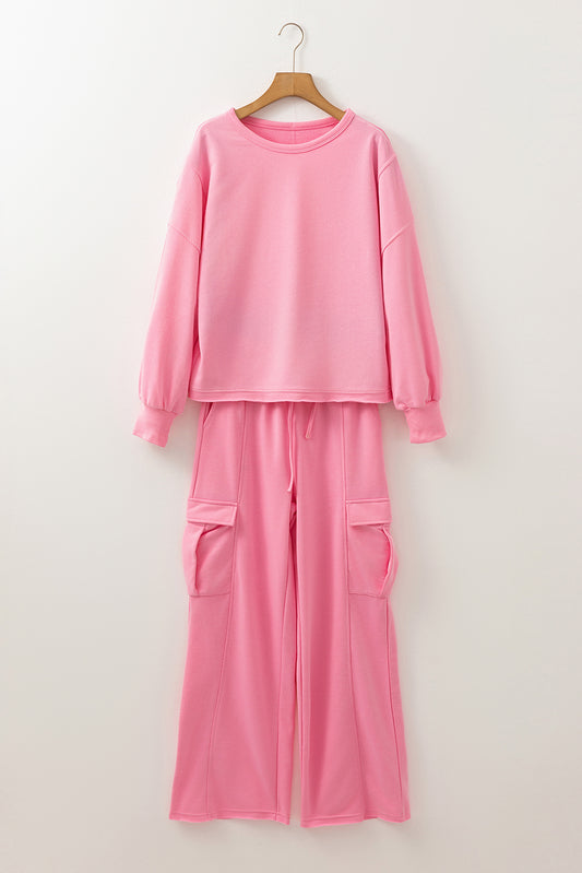 Pink Patchwork Pullover Top and Cargo Pants Set