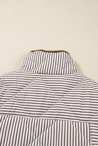 Brown Stripe Quilted Wavy Hem Snap Button Plus Size Vest
