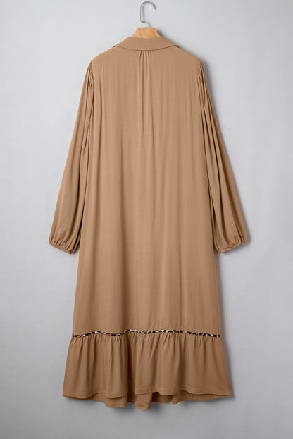 Chestnut Smocked V Neckline Leopard Piping Accent Bracelet Plus Size Long Dress
