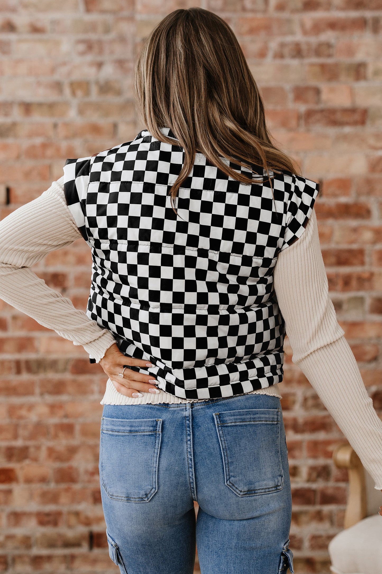 Brown Double Checked Stand Collar Cropped Puffer Vest