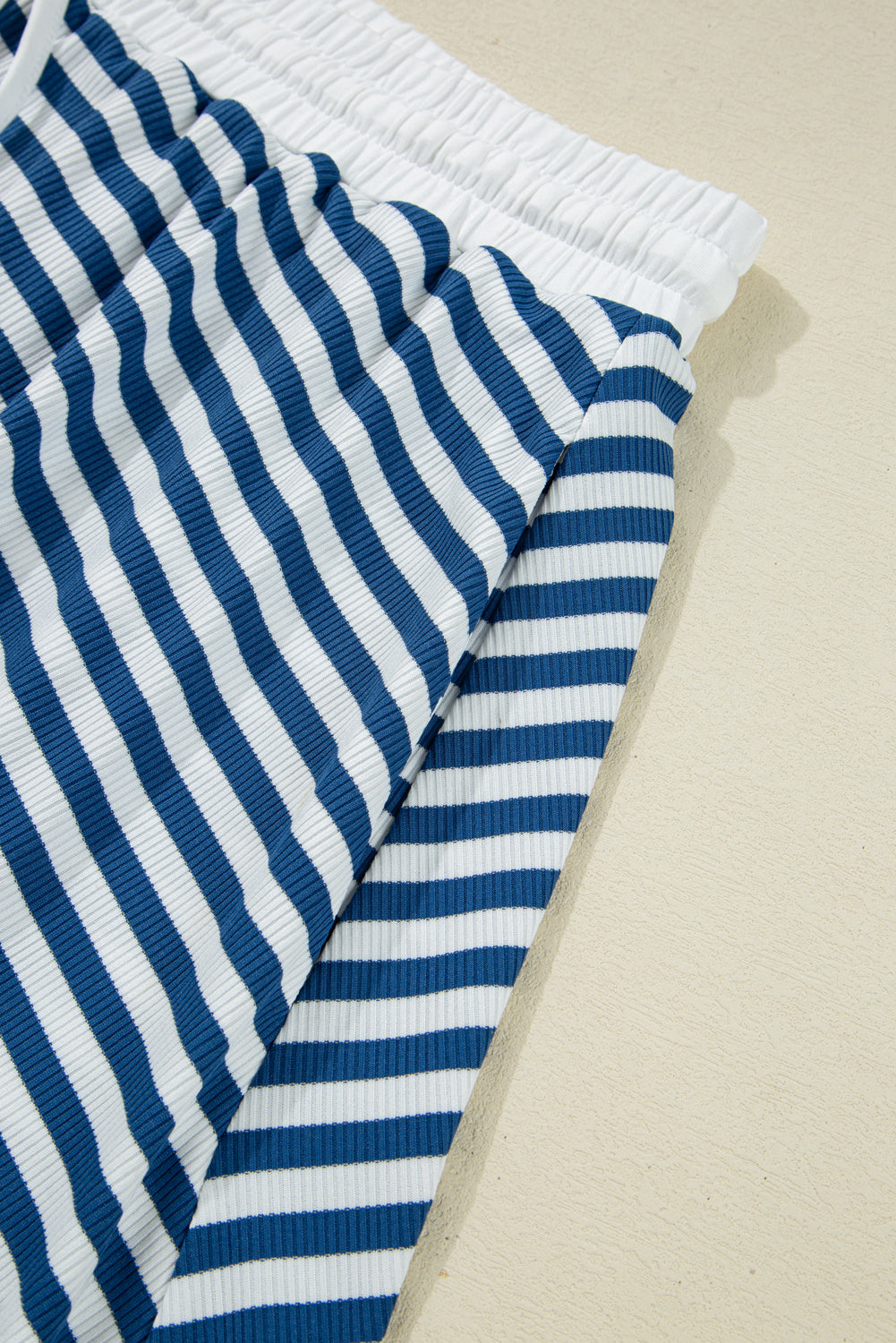Blue Stripe Short Sleeve Collared V Neck Top Plus Size Short Set