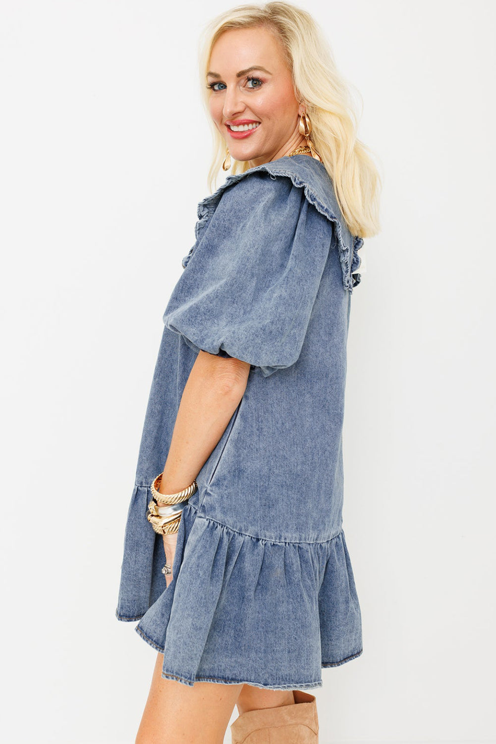 Dusk Blue Ruffled Denim Mini Dress