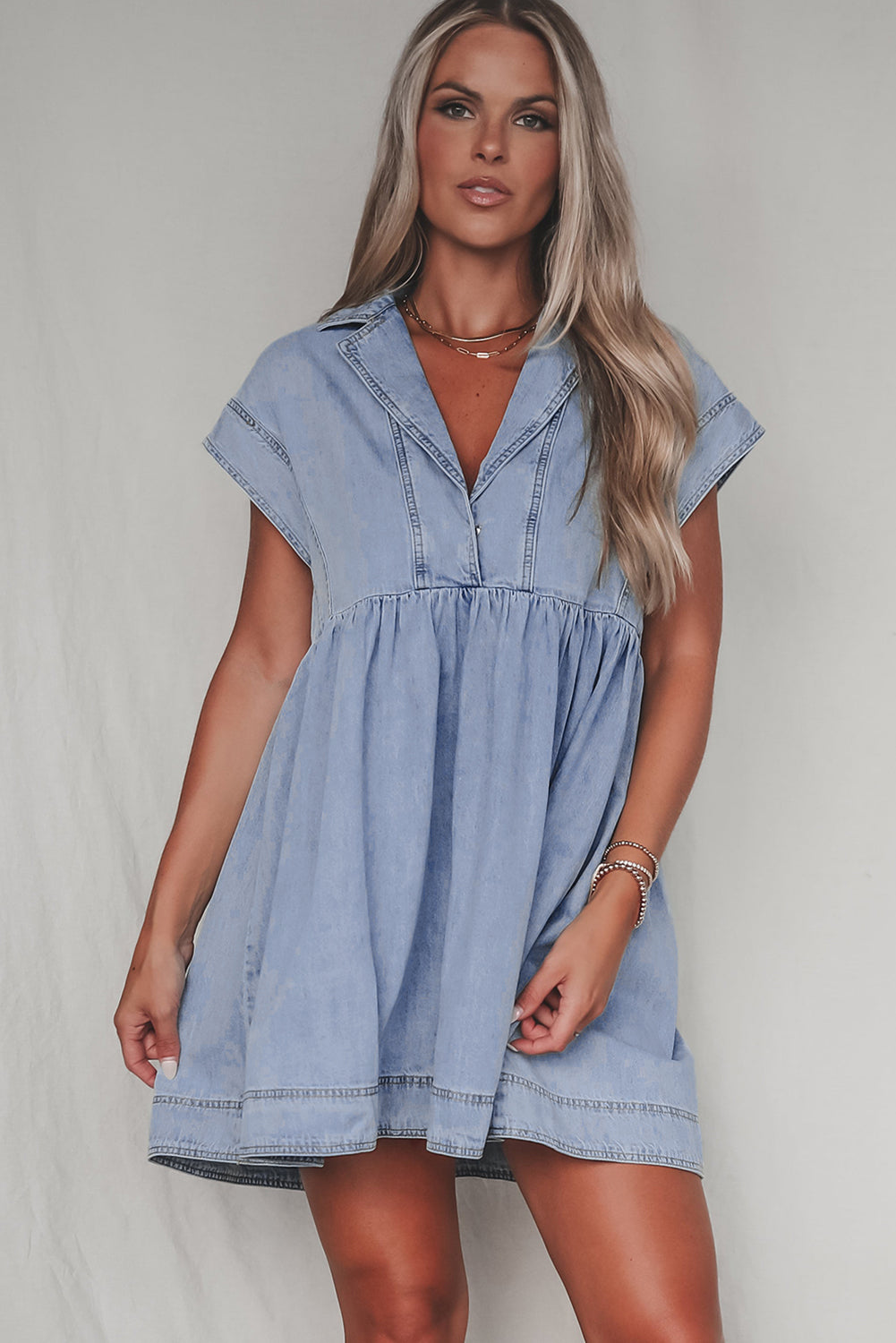 Beau Blue Lapel Neck Cap Sleeve High Waist Denim Babydoll Dress