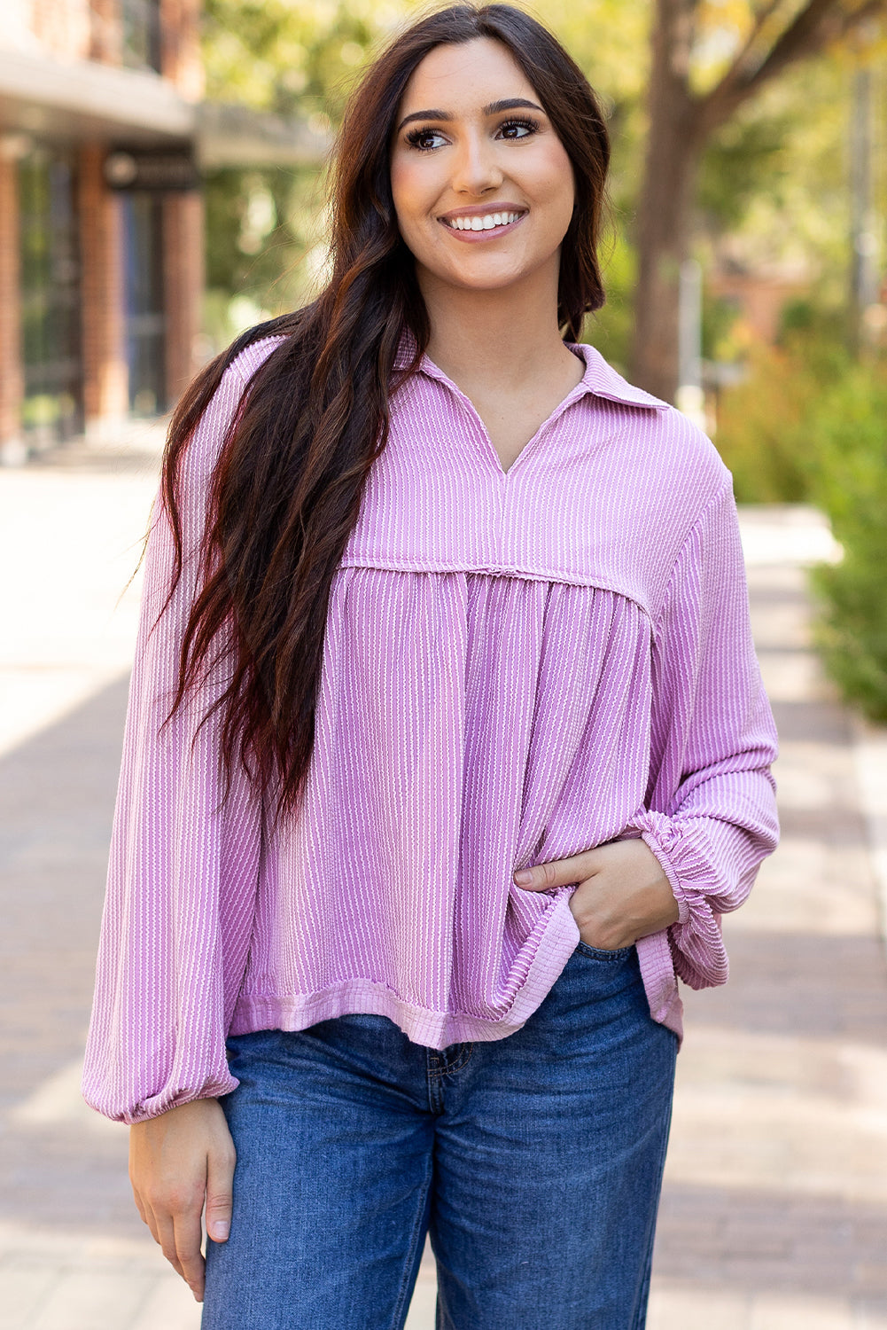 Corded V Neck Bubble Sleeve Babydoll Blouse