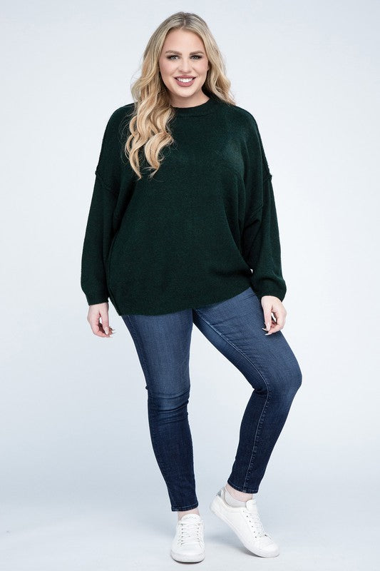 Oversized Round Neck Raw Seam Melange Sweater PLUS