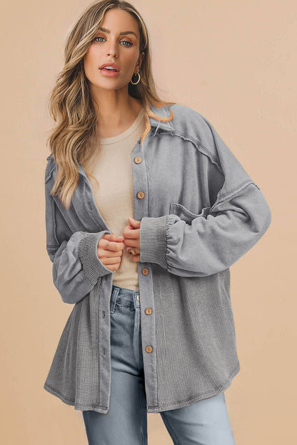 Medium Grey Waffle Knit Patchwork Exposed Seam Loose Shacket