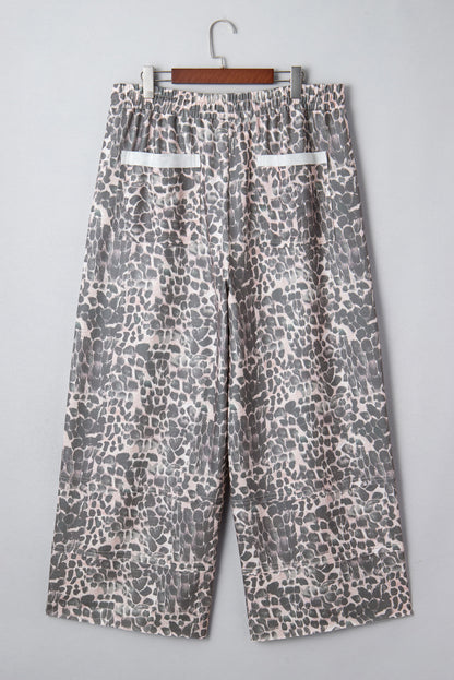 Khaki Plus Size Leopard Print Raw Edge Patch Pocket Drawstring Loose Pants