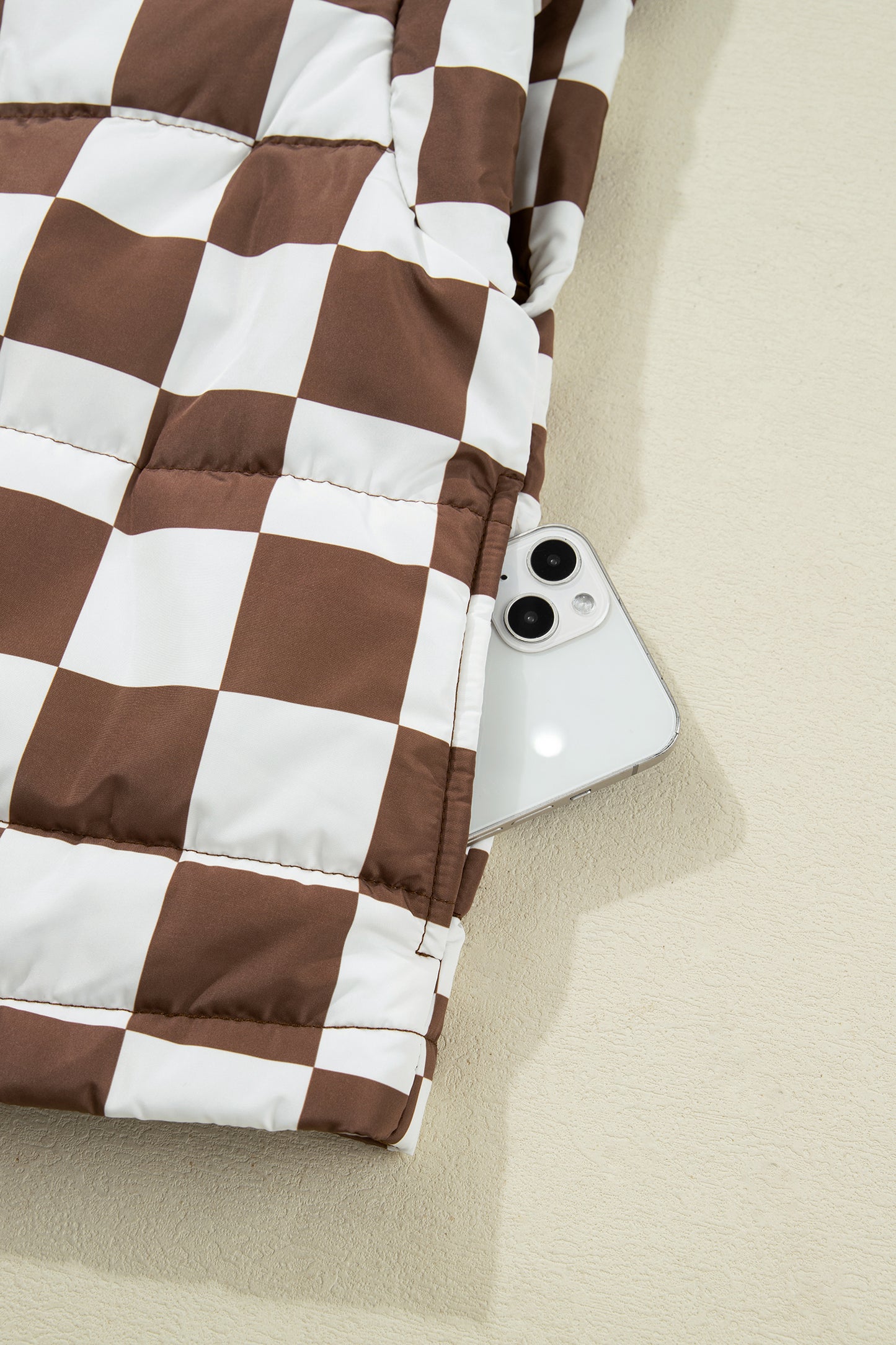 Brown Double Checked Stand Collar Cropped Puffer Vest