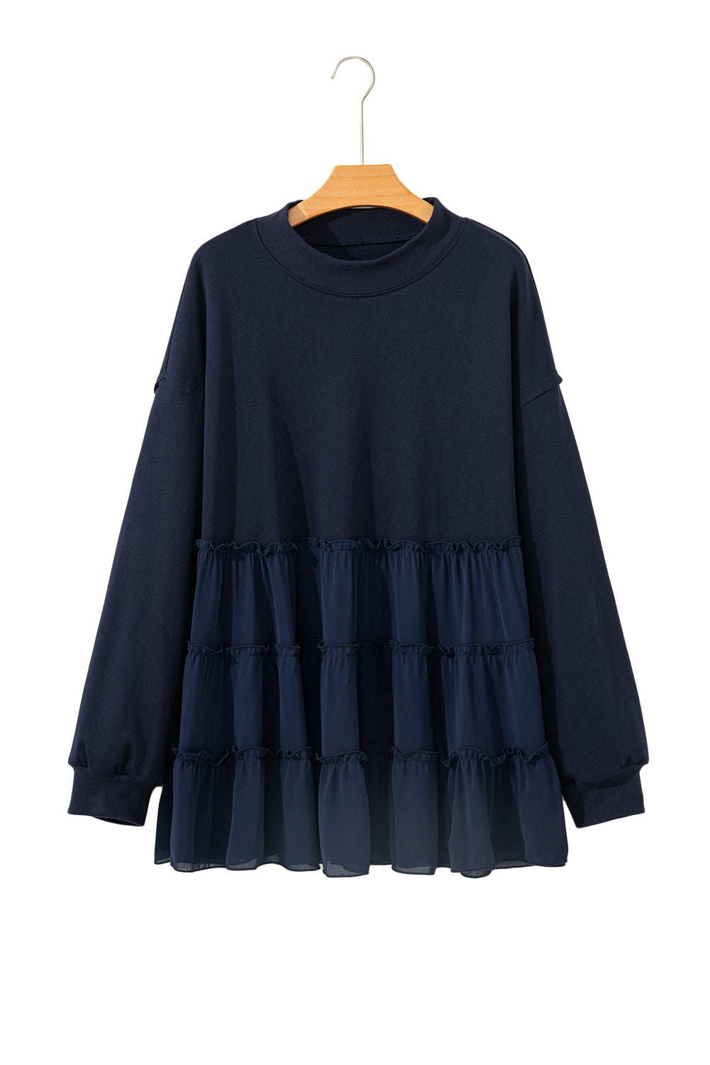 Navy Blue Tiered Ruffle Ribbed Crew Neck Pullover Plus Size Top