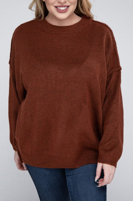 Oversized Round Neck Raw Seam Melange Sweater PLUS