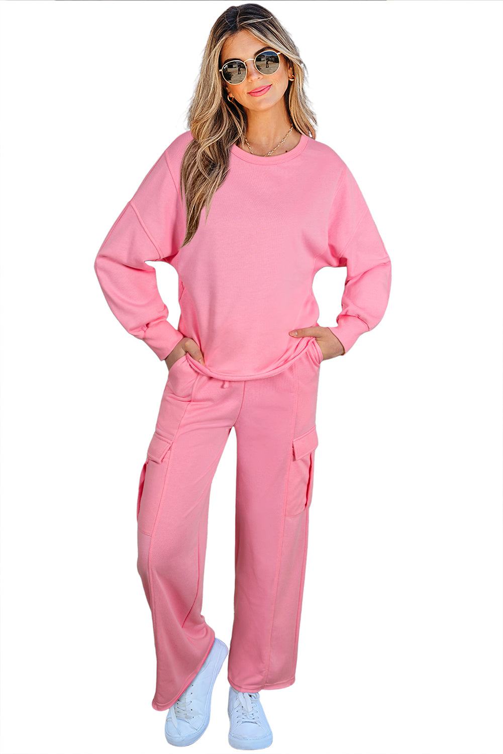 Pink Patchwork Pullover Top and Cargo Pants Set