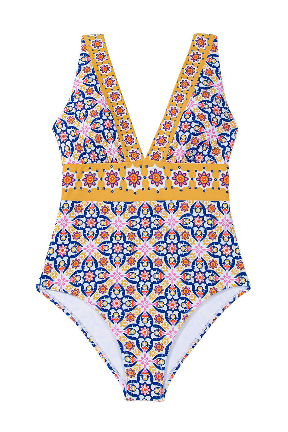 Yellow Floral Print V Neck One Piece Swimsuit