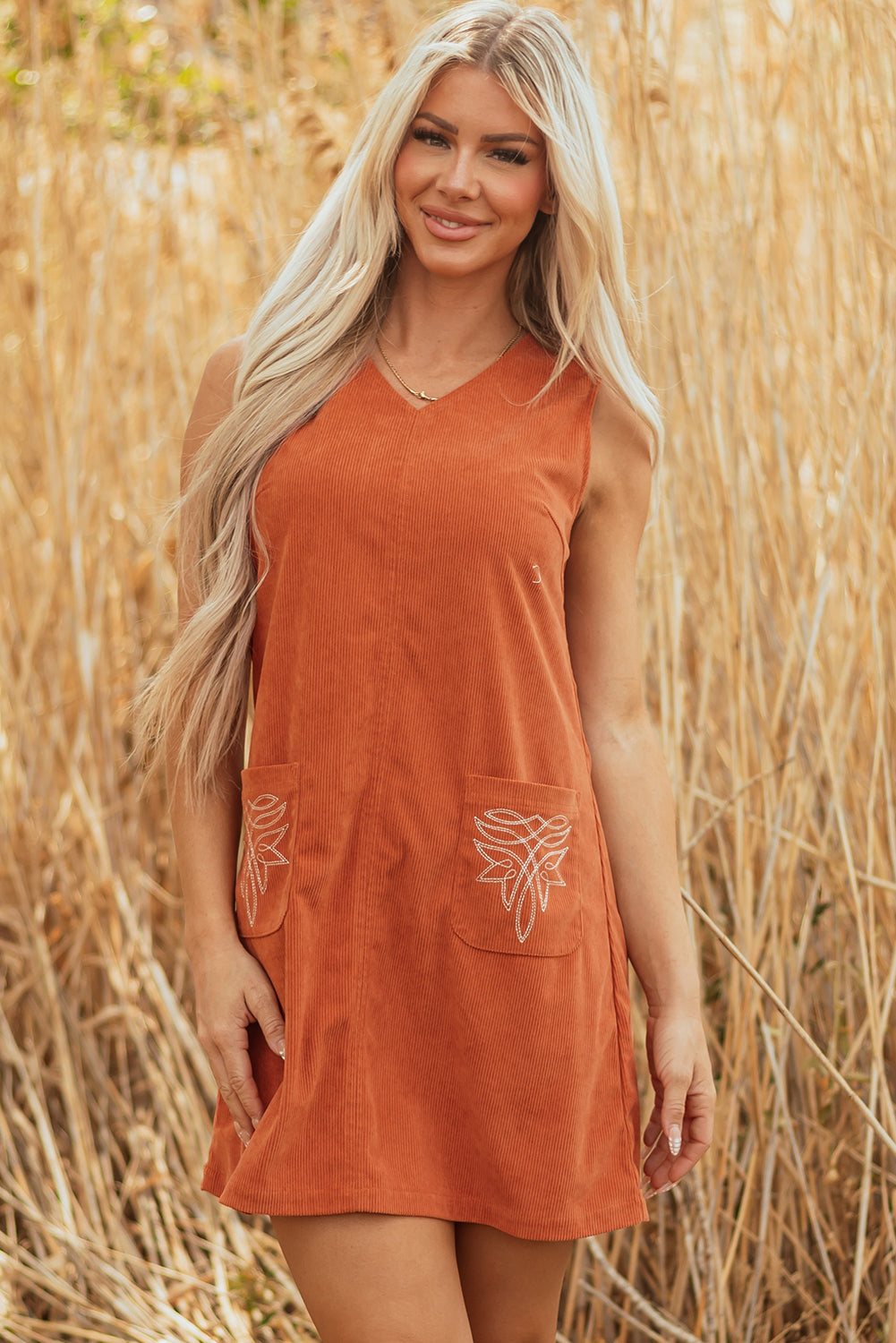 Corduroy Embroidered Pocket Shift Mini Dress