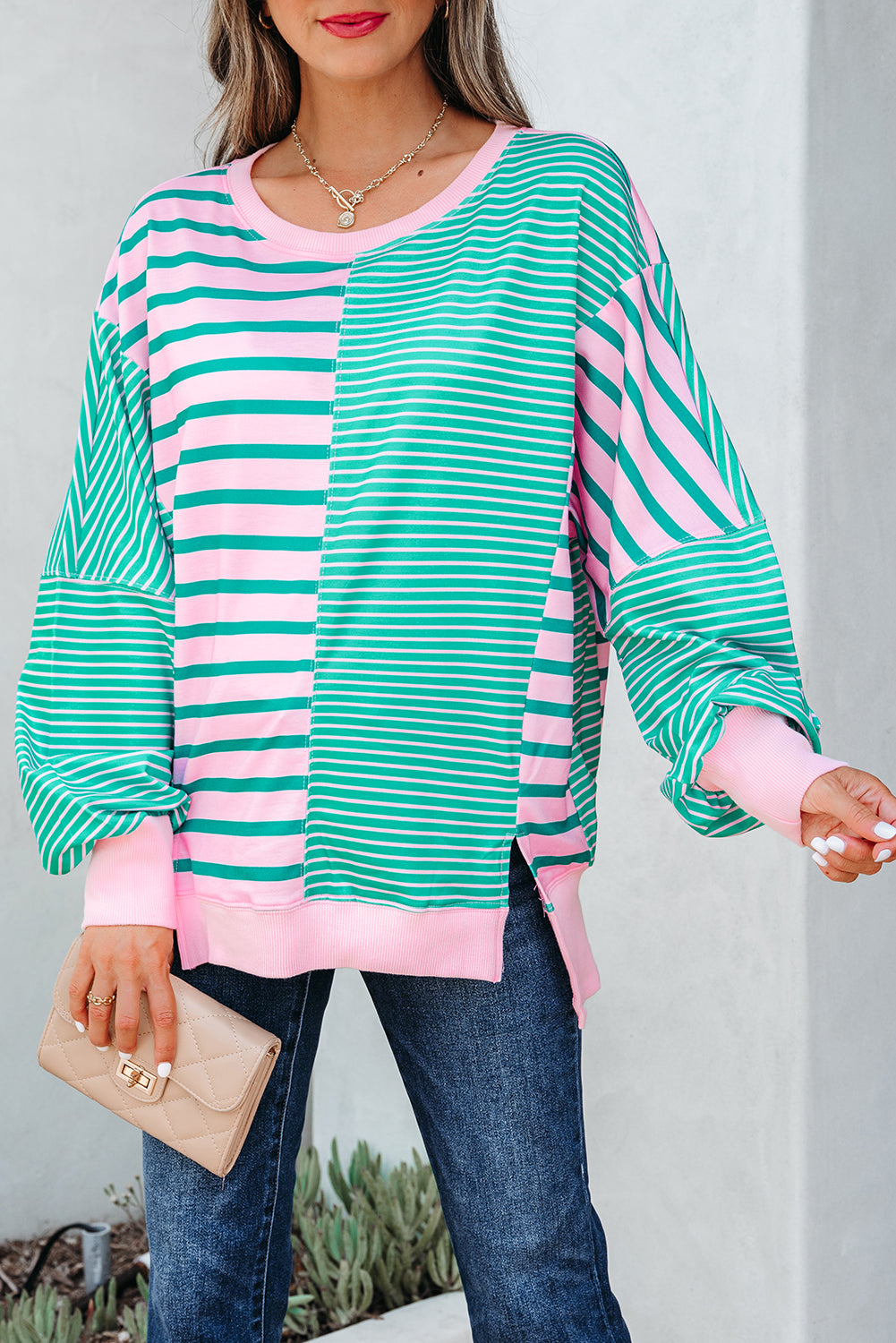 Green Stripe Colorblock Sweatshirt